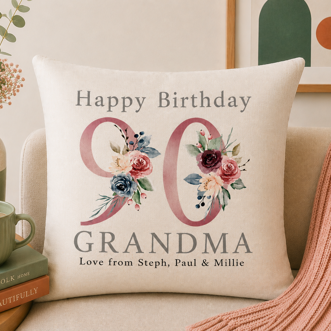 Personalised Pink floral Milestone Birthday Cushion