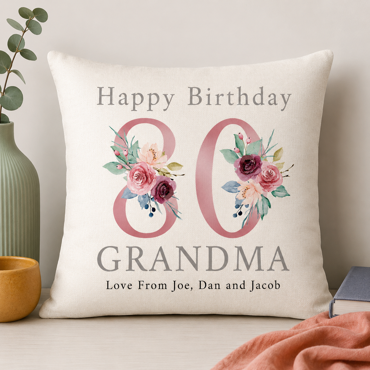 Personalised Pink floral Milestone Birthday Cushion