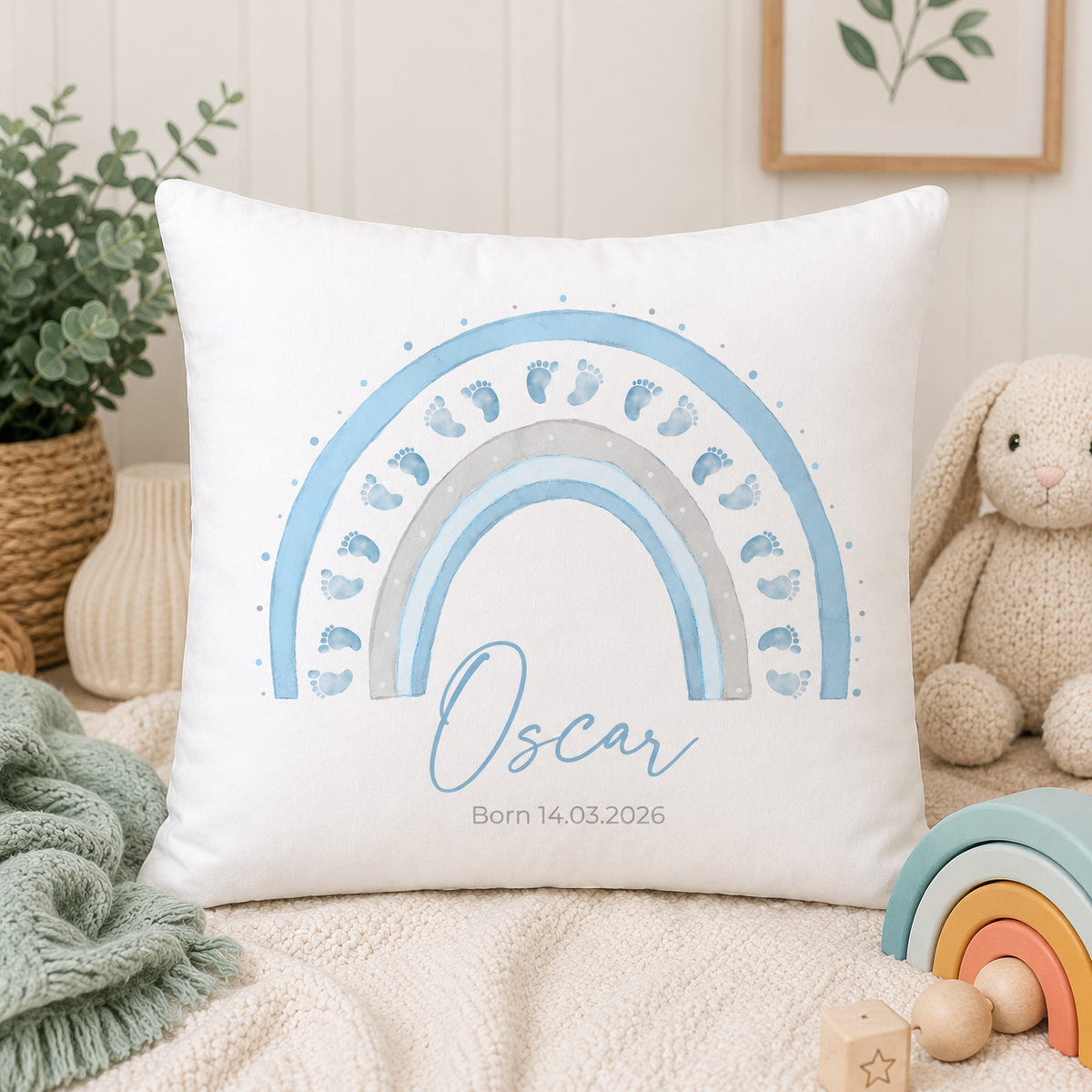 Personalised Rainbow Baby Cushion With Name & Date