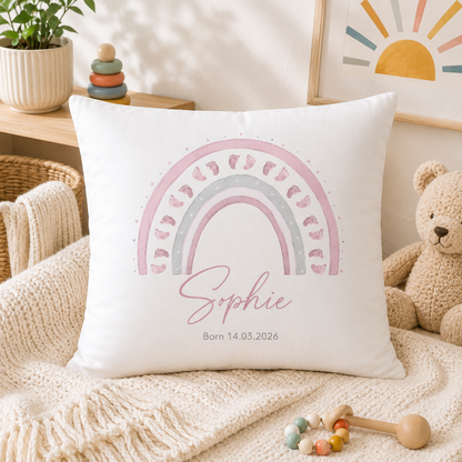 Personalised Pink Rainbow Baby Cushion With Name & Date