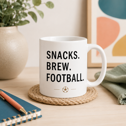 Snacks Brew Football Mug