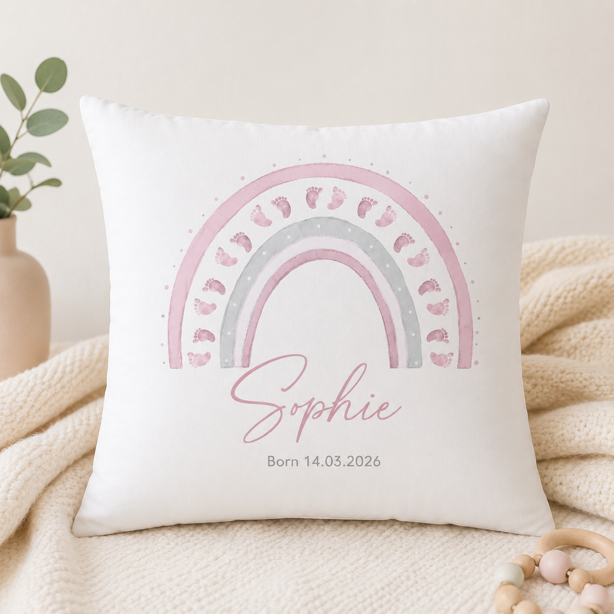 Personalised Pink Rainbow Baby Cushion With Name & Date