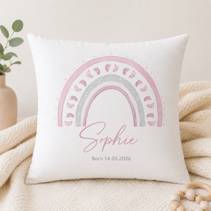 Personalised Pink Rainbow Baby Cushion With Name & Date