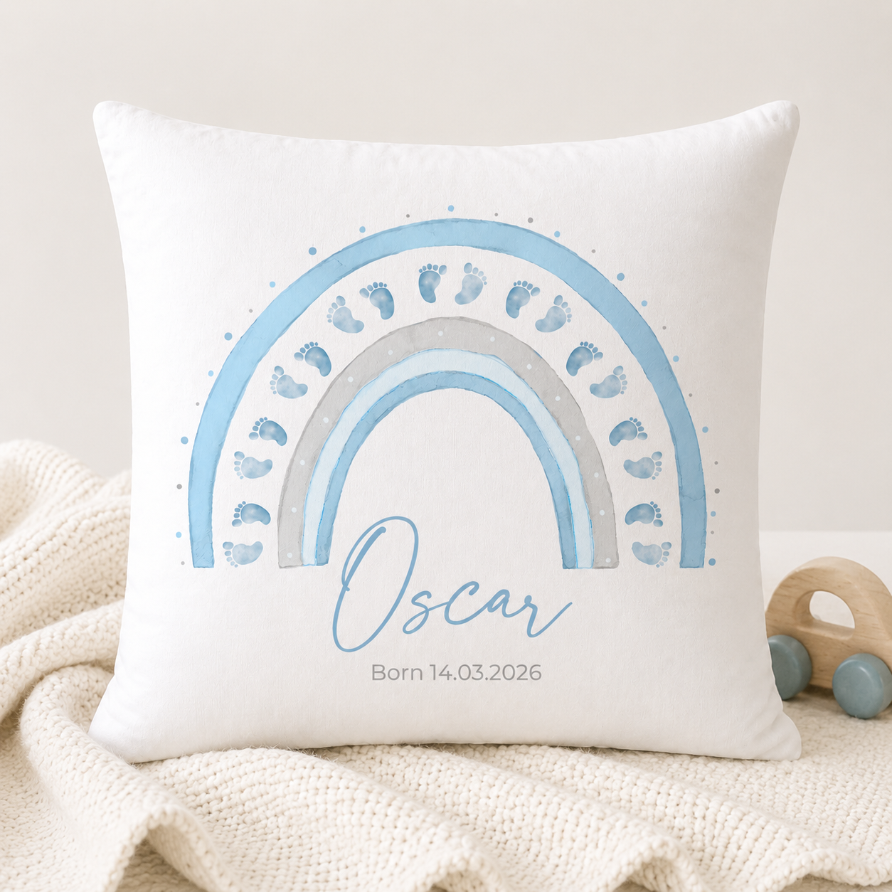 Personalised Rainbow Baby Cushion With Name & Date