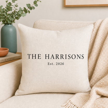 Personalised Family Name Cushion With Established Year