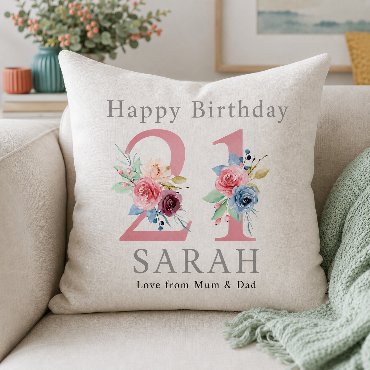 Personalised Pink floral Milestone Birthday Cushion