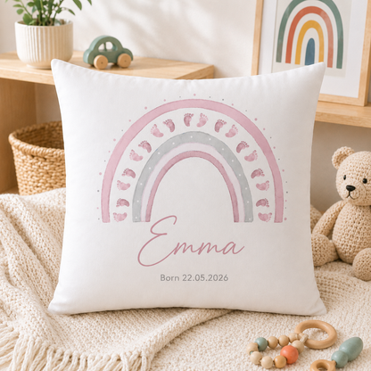 Personalised Pink Rainbow Baby Cushion With Name & Date
