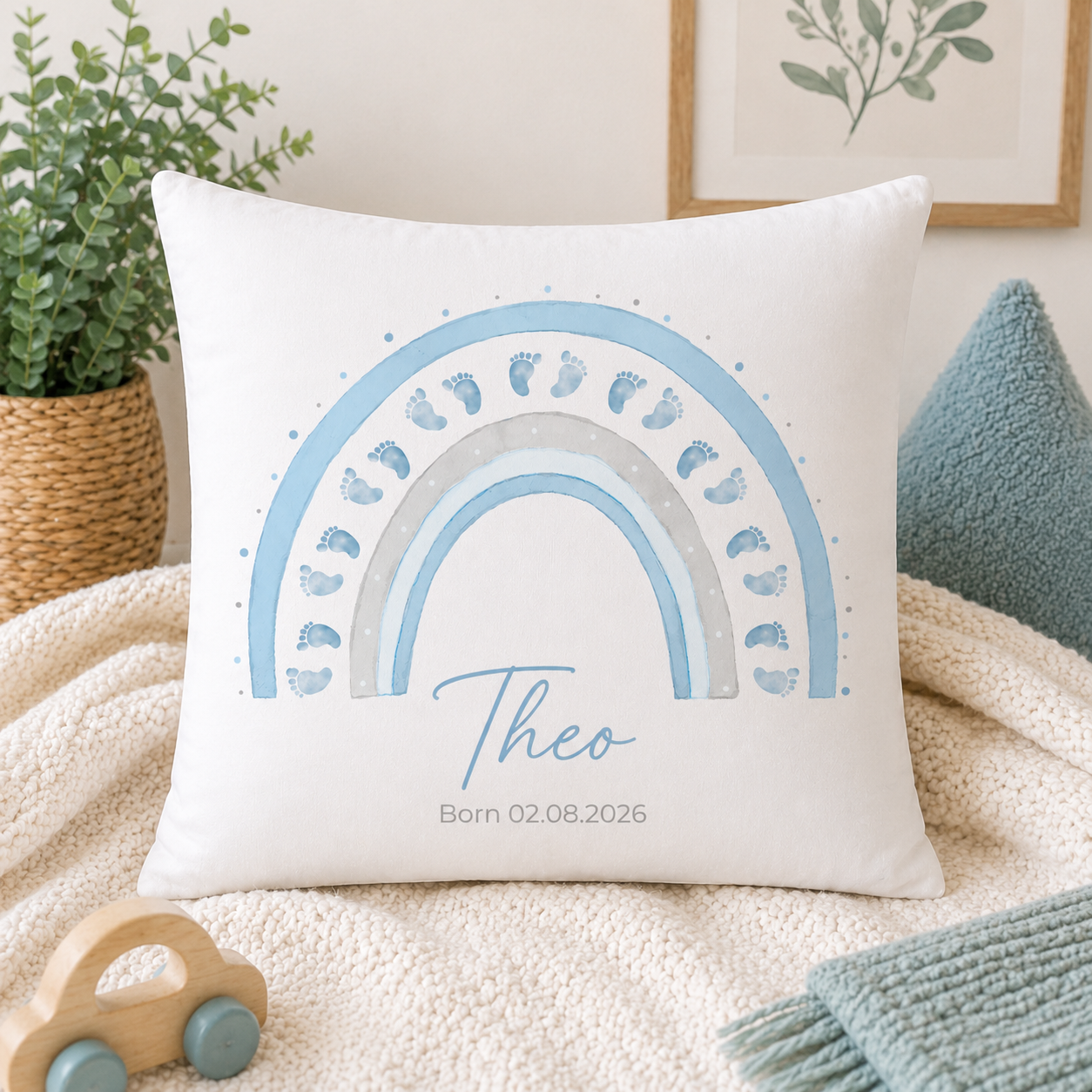 Personalised Rainbow Baby Cushion With Name & Date