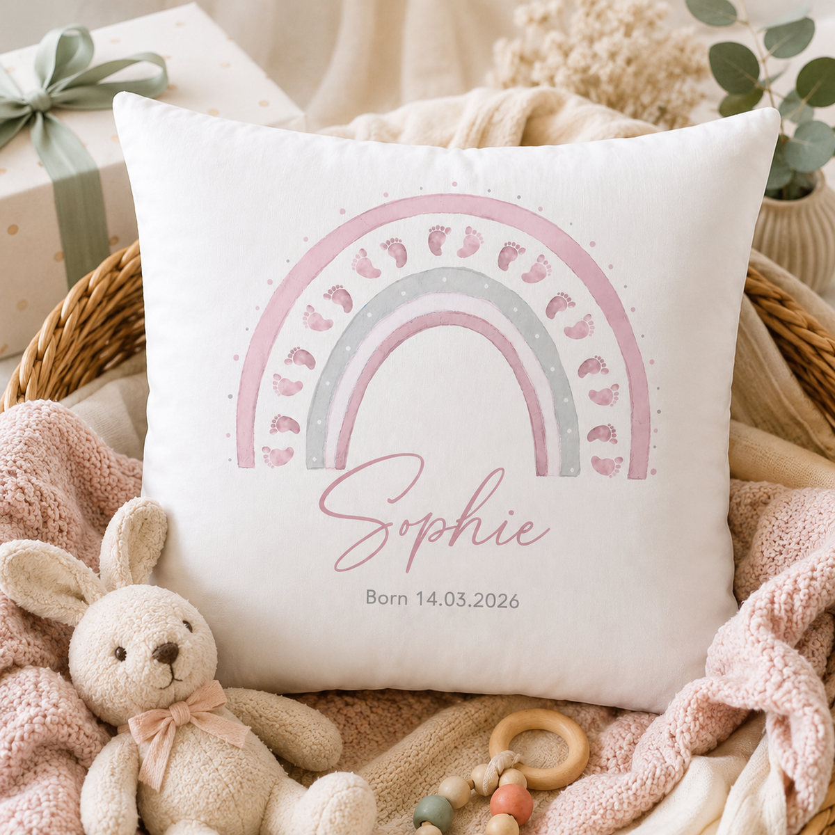 Personalised Pink Rainbow Baby Cushion With Name & Date