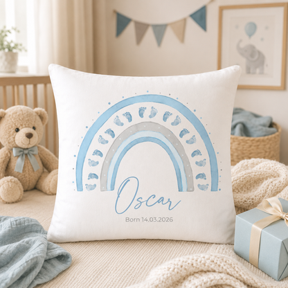 Personalised Rainbow Baby Cushion With Name & Date