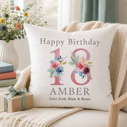 Personalised Pink floral Milestone Birthday Cushion