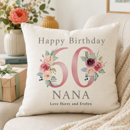 Personalised Pink floral Milestone Birthday Cushion